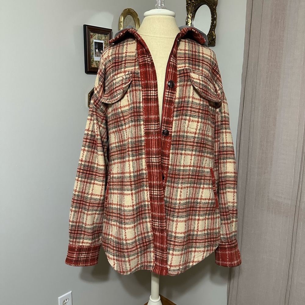 Gilded Intent Red and Cream Mixed Flannel Hooded Shacket - Picture 2 of 7